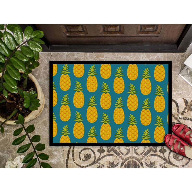 Tapis de porte d’extérieur anti-dérapant ananas, Bleu sarcelle, Rectangulaire : 18 po x 27 po