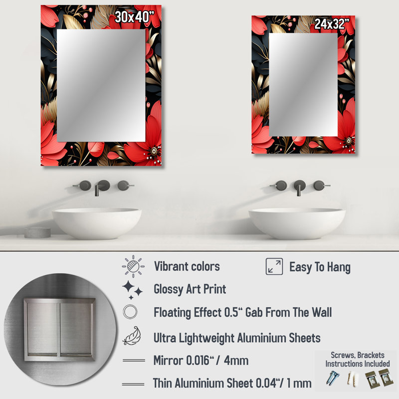 Madilyn rouge et noir Gloden Hollywood Glam motif floral - miroir floral, miroir mural floral unique, art imprimé en métal
