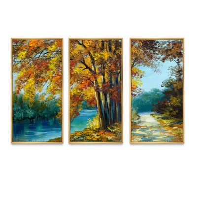 «Trees In Warm Autumn Colors» par Bright Blue River - ensemble d'art mural sur toile encadré traditionnel de 3