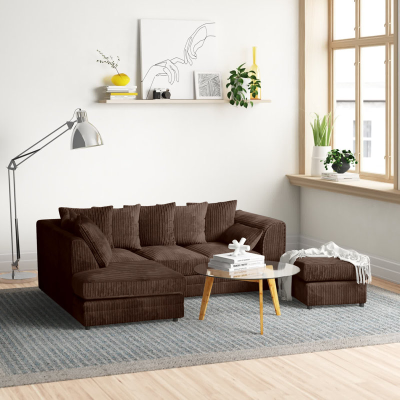 Moana 3 - Piece Upholstered Corner Sofa Chaise with Ottoman, Left Hand Facing, Chocolate