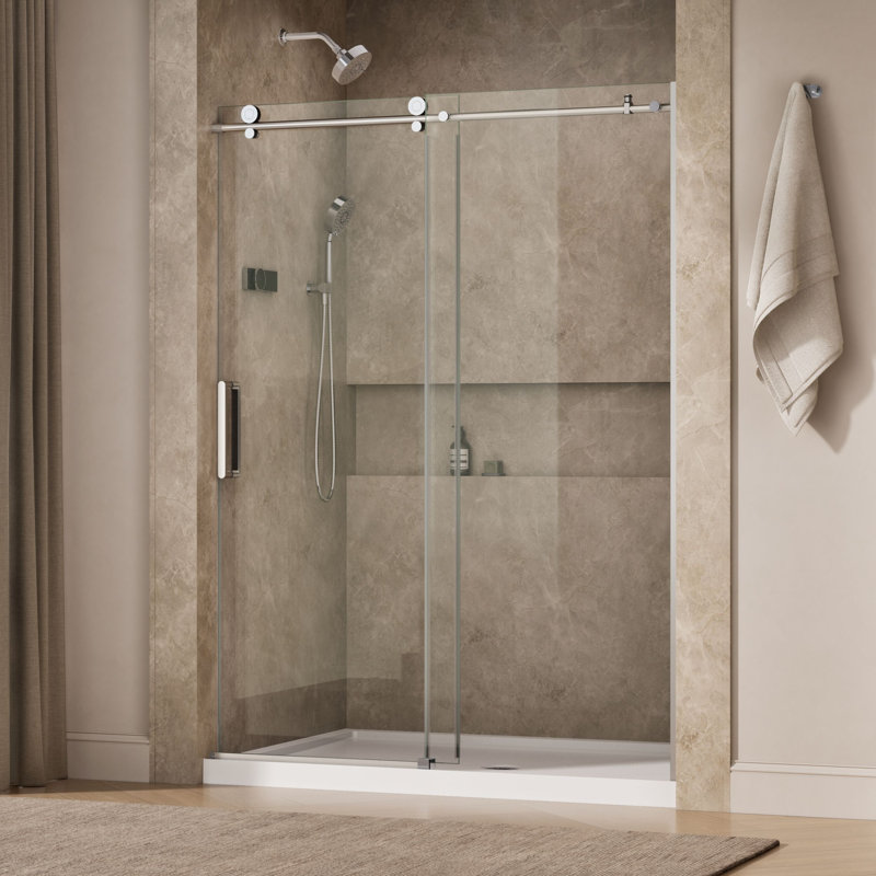 Composed Sliding Shower Door, 78 In. H X 56-1/8 - 59-7/8 In. W, With 3/8 In. Thick Crystal Clear Glass, silver