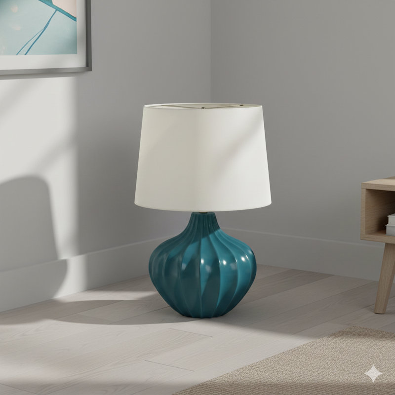 Lighting, H 24 po, lampe de table, céramique bleue, abat-jour ivoire / crème, transitionnel