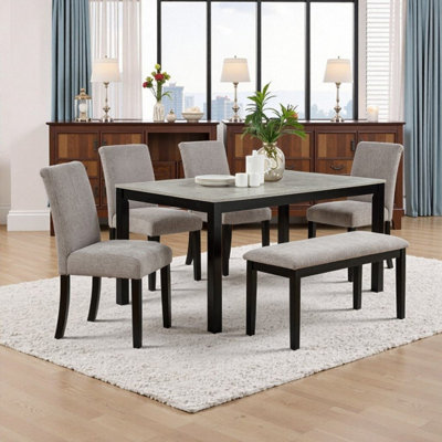 6-Piece Solid Rubberwood Dining Table Set With Bench & 4 Chairs, Concrete-Effect Tabletop