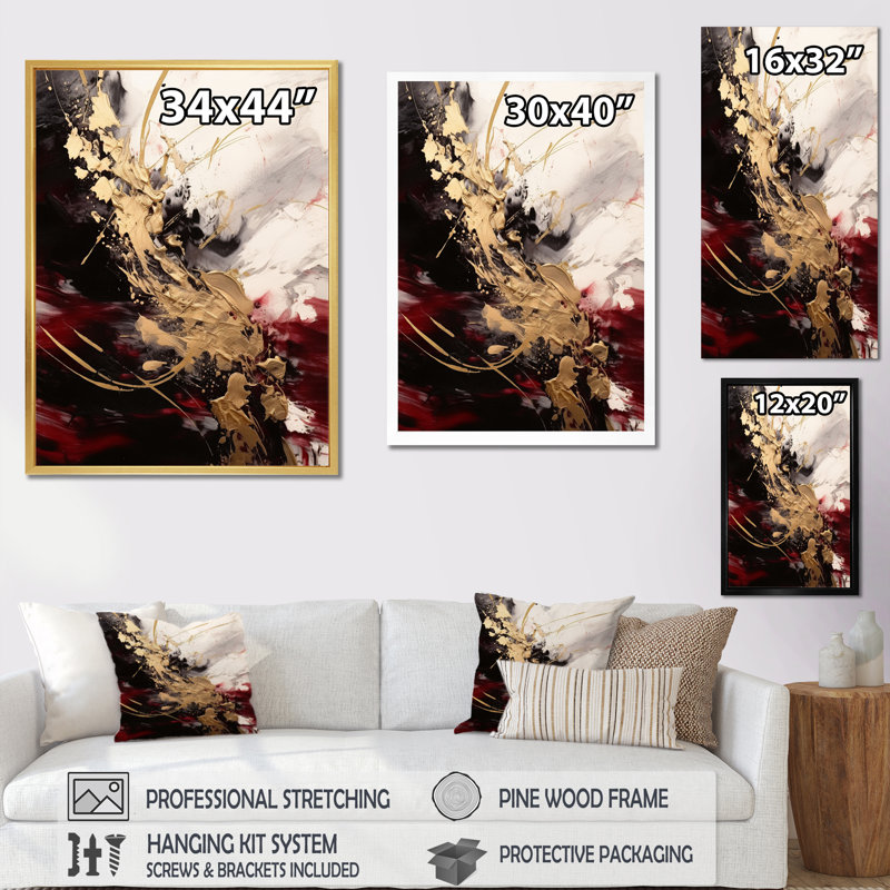Or et fluide rouge fusion I - art mural abstrait, Sans cadre, H 44 po x l 34 po, Toile tendue