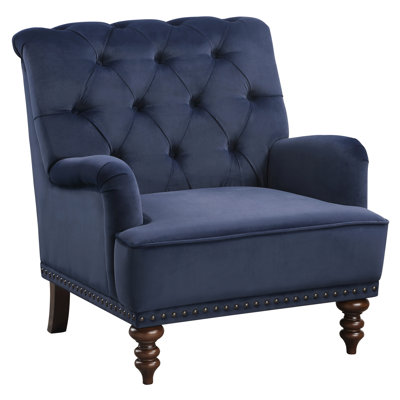 Modern Accent Chair For Home, Blue Velvet With Button Seat And Back In Velvet, Solid Wood Plywood Frame Tufting