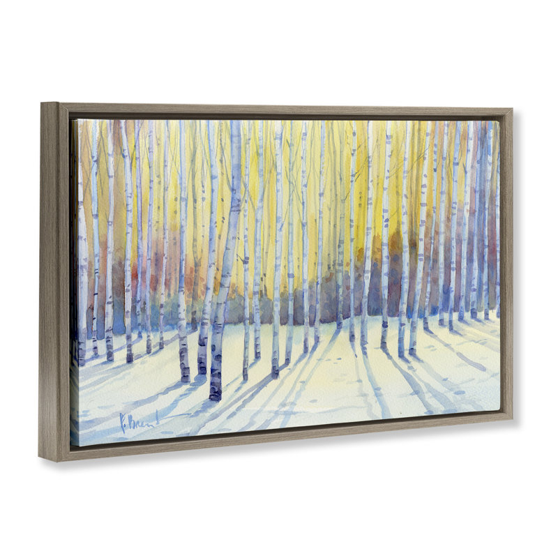 Cadre flottant Sunlit Winter Birch Trees, design par Paul Brent, Cadre flottant orme Montalcino, H 17 po x l 25 po