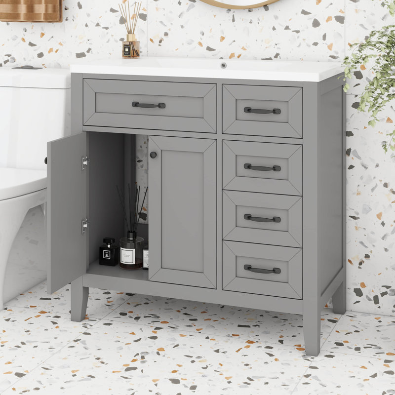 Meuble-lavabo 36 po sans lavabo, armoire de salle de bain avec tiroirs, cadre solide et panneau de fibres à densité moyenne, base d'armoire seulement
