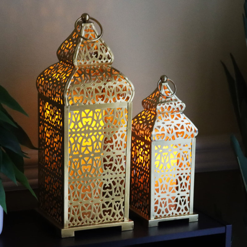 Golden Temple Moroccan Lantern Lamp Decorative Candle Holders For Ramadan Decorations, Hanging, Outdoor Patio Or Porch, Indoor Home Decor, Gold, Set Of 2 (11" And 15" Tall)