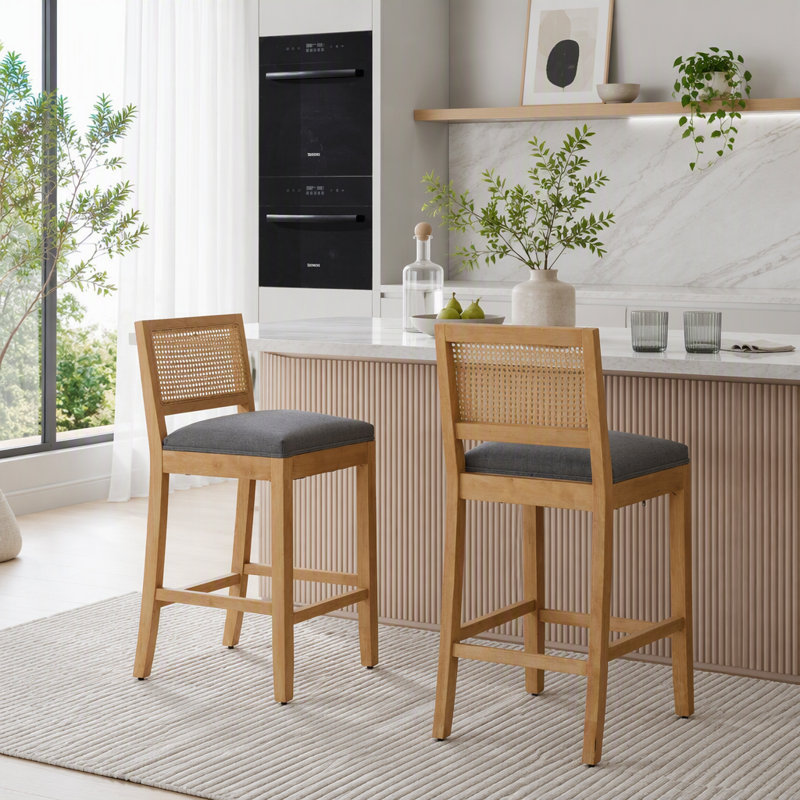 Tabouret de bar en bois massif à dossier en rotin, coussin en lin mat avec mousse à haute résilience et ressorts en S, idéal pour un îlot de cuisine de style rustique / naturel, ensemble de 2 tables basses pour salle à manger et café, gris