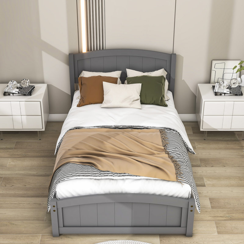 Twin Size Wood Platform Bed with Headboard, Gray