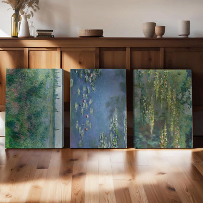 Ensemble de 3 affiches encadrées « Nymphéas » de Monet, sur toile. Paysages impressionnistes pour salon, chambre à coucher, décoration intérieure. Affiches florales vintage, tendues sur châssis et prêtes à accrocher.
