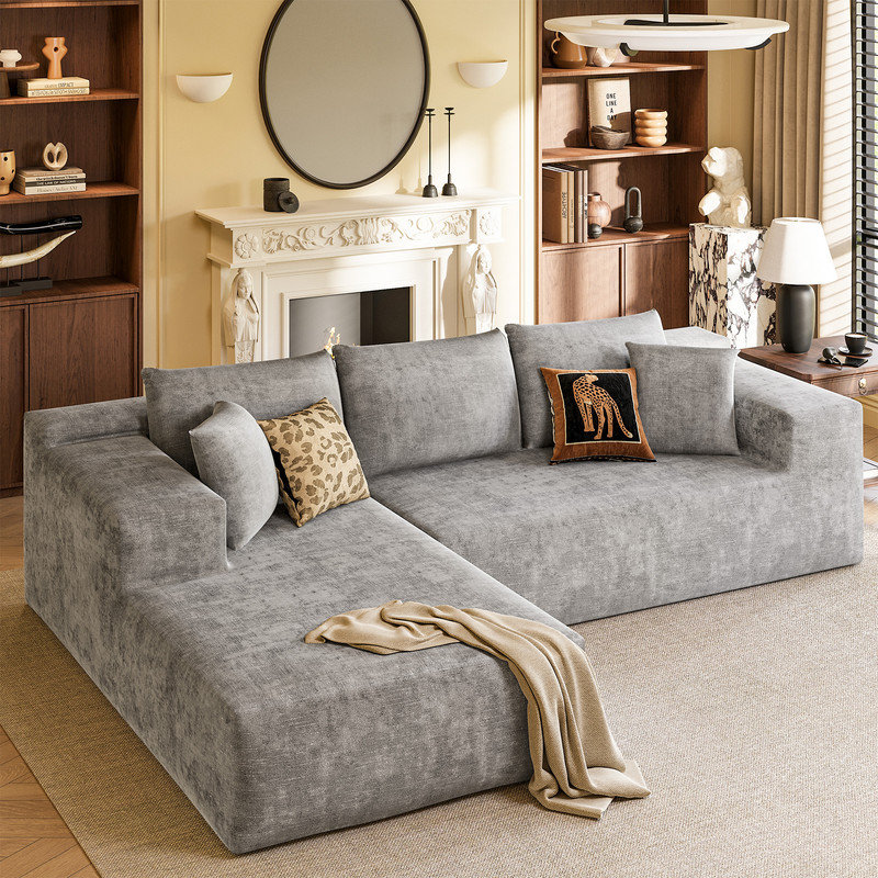108" L-Shaped Compression Modular Sofa Sectional Couch, Dark Gray Chenille 