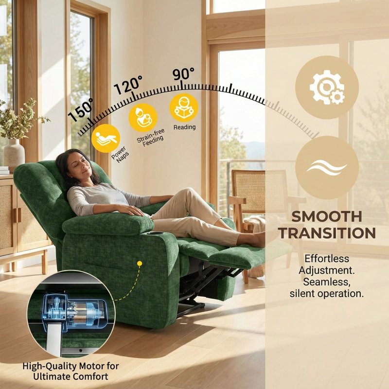 Infinite-Position Power Recliner With USB Port , Cup Holder & & Side Pockets, Thick Seat Cushion, Chenille Reclining Chair