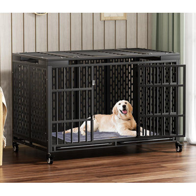 Heavy Duty Dog Crate With Wheels, Folding Metal Big Dog Cage For Large And Medium Dogs, Extra Large Xl Xxl Indestructible Furniture Style Dog Crate With Removable Tray.