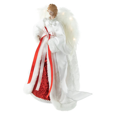 Décoration pour sommet de sapin ange blanc et rouge 14 po avec ailes lumineuses