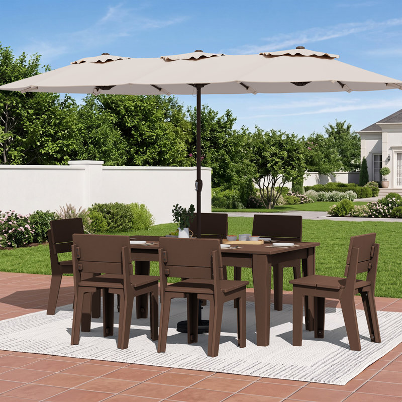 Table de salle à manger d'extérieur rectangulaire Planta 70 po (178 cm) de largeur en PEHD avec trou pour parasol, Brown