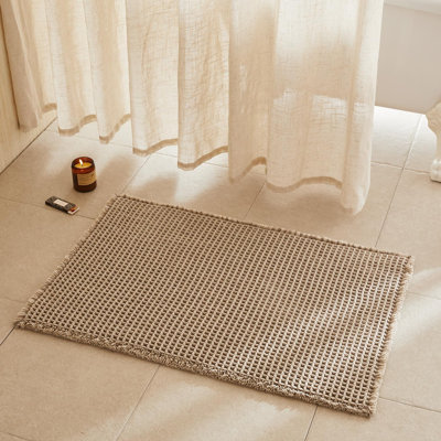 BULULOM Waffle Bath Mat, Boho Bathroom Rugs Non Slip Washable Super Absorbent Quick Dry Bath Mat Farmhouse Bathroom Decor, 24"x36" Beige