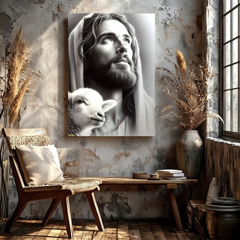 Reproduction d'art sur toile, Portrait de berger avec agneau noir et blanc, 20 x 20 in