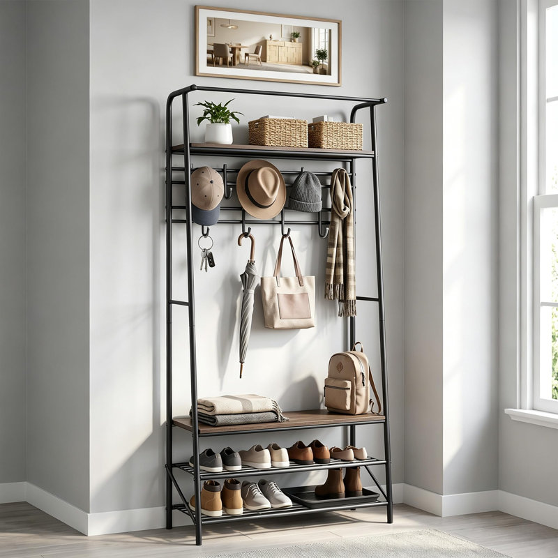 Portemanteau autoportant 4 en 1 pour vestibule, portemanteau avec tringle, tablettes de rangement pour chaussures et banc rembourré, panneau de particules avec structure en métal noir robuste