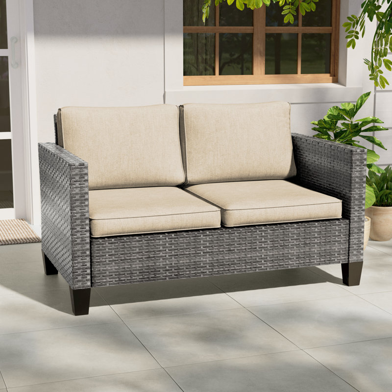 Patio Loveseat Sofa PE  Rattan Set With Thick Cushions and Sturdy Frame, Beige, Gray