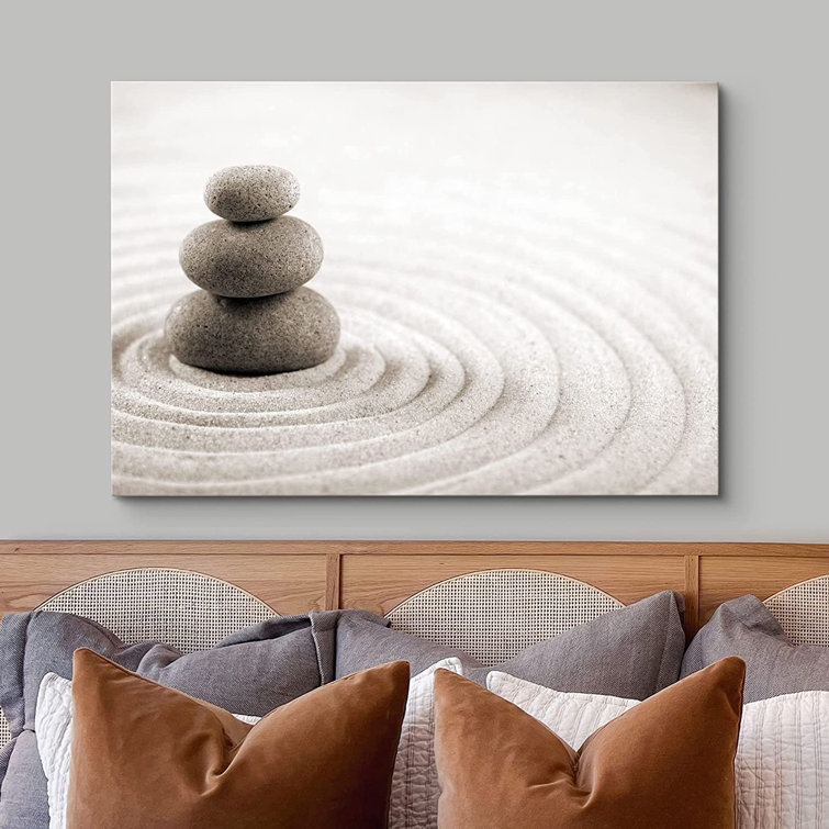 (It's damaged 2 shores)Zen Stones Rocks over a Rippled Sand Effect - Wrapped Canvas Photograph Print