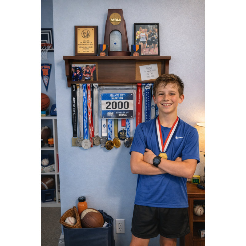 All-in-1 Medal Award Display - 23" Trophy Shelf, Bib Hanger, Plaque, Picture, Race Photo and Lanyard Medals. Patented Groove Design