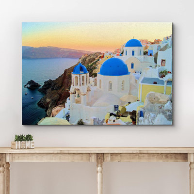 Vue du dôme bleu de Santorini, Grèce, villes, désert sur impression sur toile