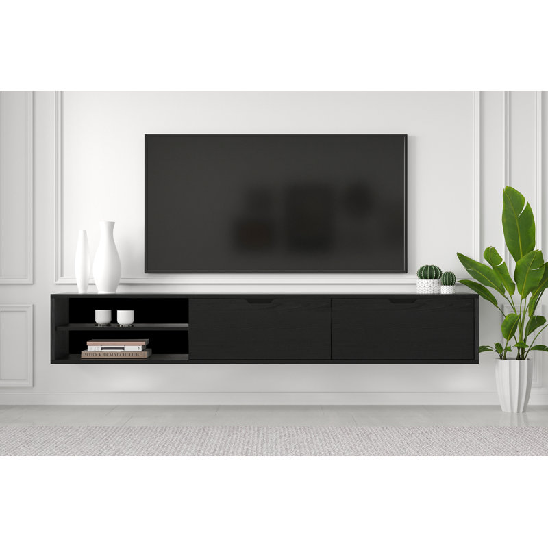 Savya 71" Wall Mounted Floating Entertainment Media Console, Wooden Black