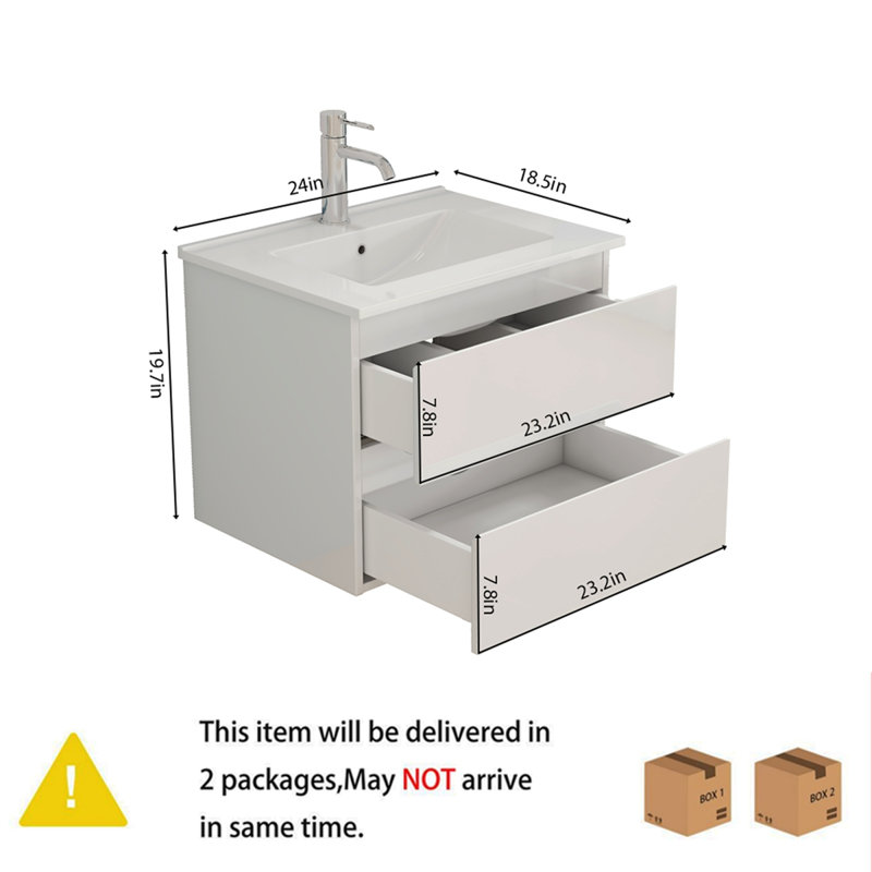 Ensemble de meuble-lavabo 24 po avec lavabo, armoire avec 2 grands tiroirs, système de fermeture en douceur, 2 grands tiroirs, conception sans poignée, assemblage facile, blanc brillant
