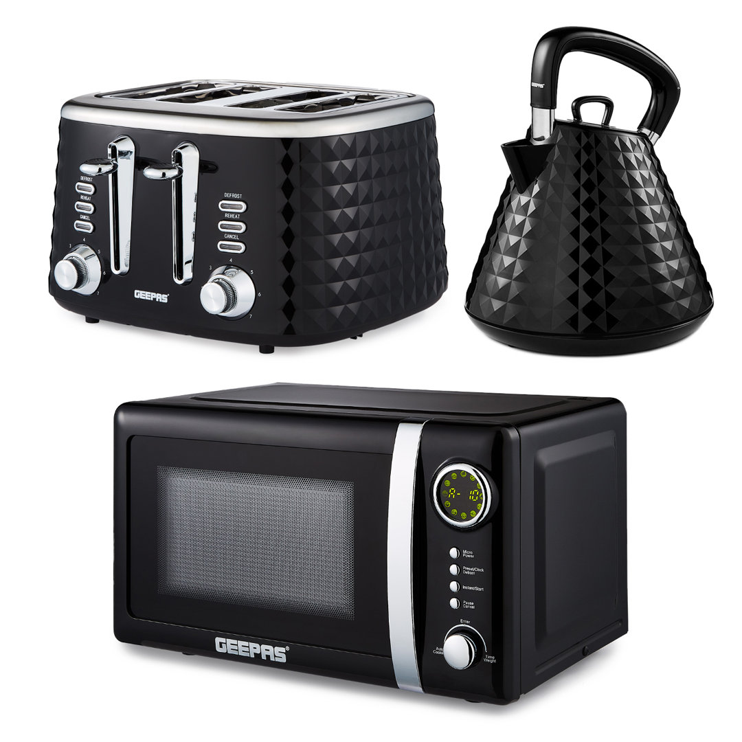 GEEPAS Electric Kettle 4 Slice Bread Toaster & Microwave Kitchen Set | 1.5L Pyramid Kettle 3000W | 4 Slice Toaster with 7 Level Browning Control, 1750