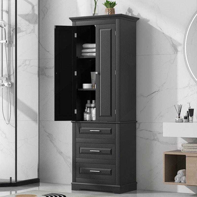 Grande armoire de rangement avec trois tiroirs pour la salle de bain et le bureau, Noir
