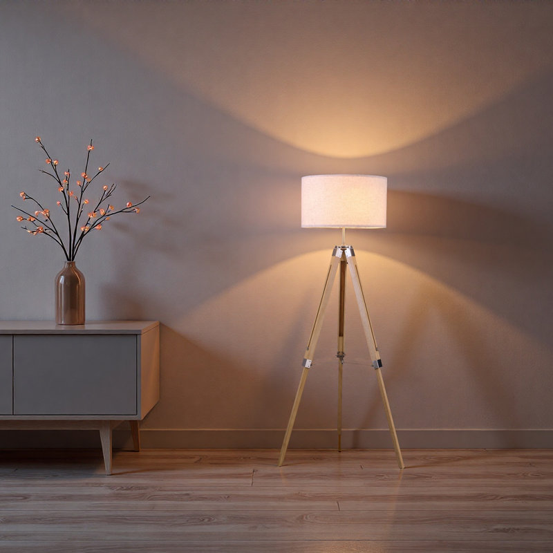 58 In. White Solid Wood Tripod Floor Lamp With White Linen Drum Shade (bulb Not Included)