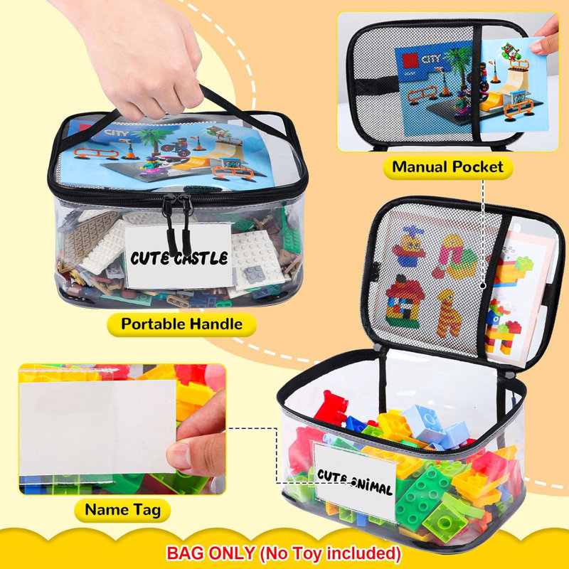 6 Pack Clear Toy Storage Bags With Name Tags & Pockets