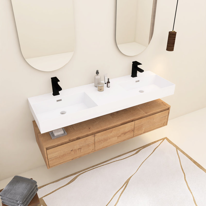 Double meuble-lavabo mural avec lavabo en résine, 3 tiroirs à fermeture en douceur, fixation à flotteur, 59.12"