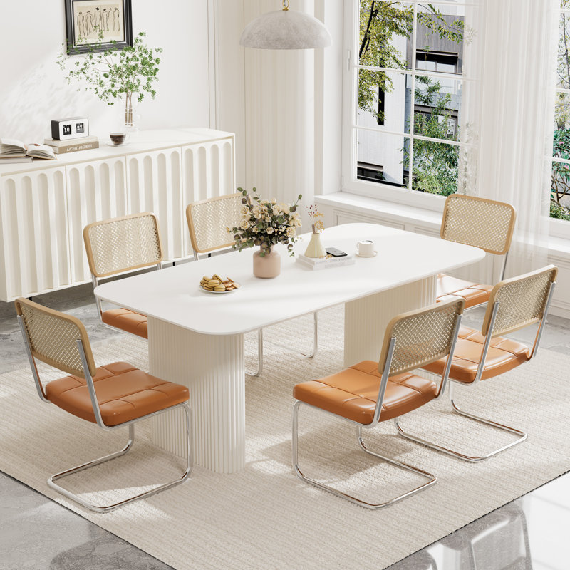 70.9"Pedestal Dining Table Set, Brown, 7, White