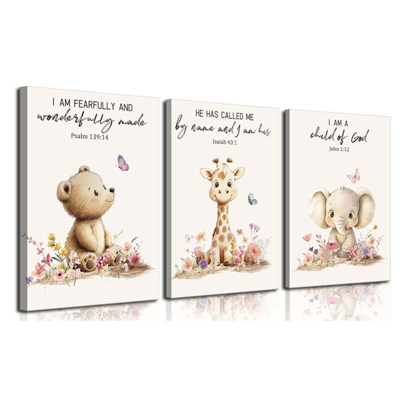 3Pcs Nursery Animal Bible Verse Canvas Wall Art Cute Bear Elephant Giraffe Wall Decor Pictures Christian Baby Nursery Posters Prints For Kids Room Home Decoration
