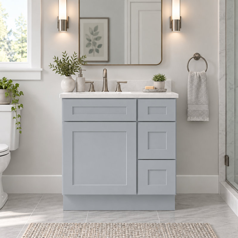 Armoire combinée avec meuble-lavabo gris Shaker 1800cabinets, 30", Tiroirs à droite