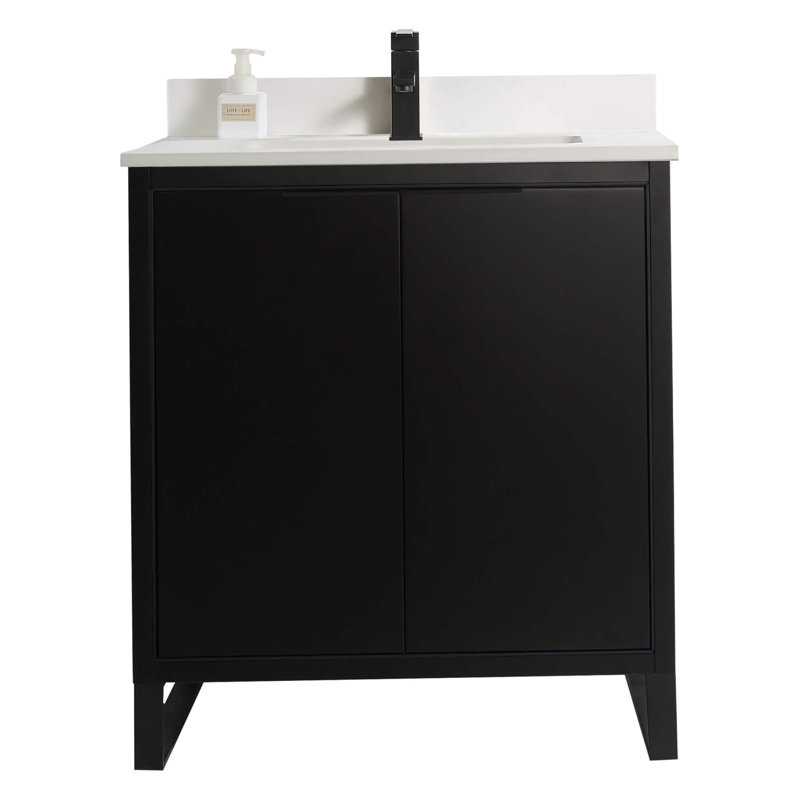 Geryl Free Standing Single Bathroom Vanity with Stone Top, Black Matte, Matte Black, 30"W