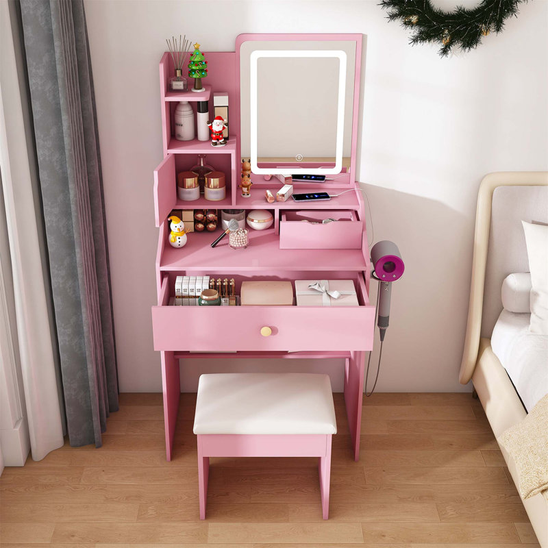 Miroir de coiffeuse 3 couleurs à DEL avec tabouret, coiffeuse rose pour la chambre à coucher, 2 tiroirs et 5 armoires de rangement (4 ouvertes + 1 cachée), éclairage réglable