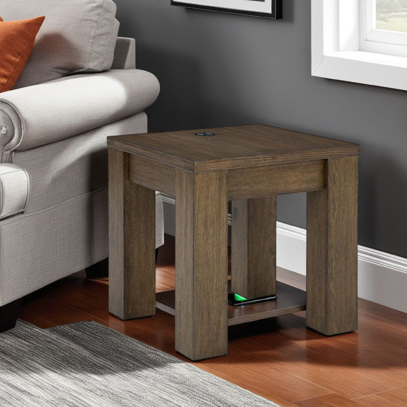 Table de bout latérale sans fil Wain, chargement sans fil, bois brun rectangulaire de 24 pouces