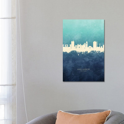 Ann Arbor Michigan Skyline Navy Cyan by Michael Tompsett - Wrapped Canvas Print