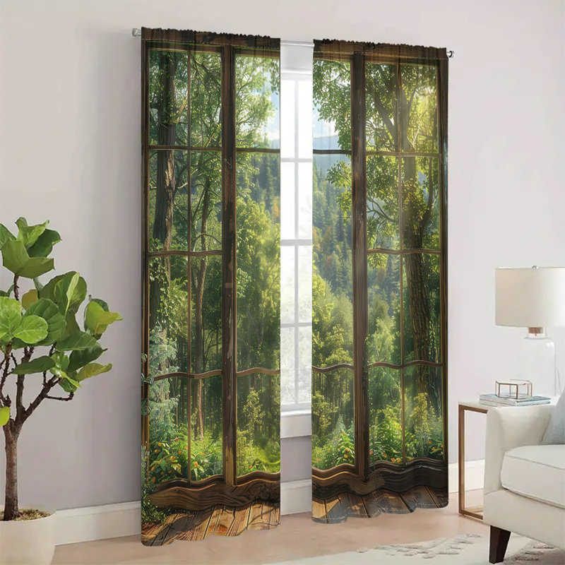 2Pcs Forest Landscape Curtain Rod Pocket Sheer Window Drapes Nature Scene Trees Printed Treatment Light Filtering Curtains for Living Room Bedroom Kitchen Home Decor
