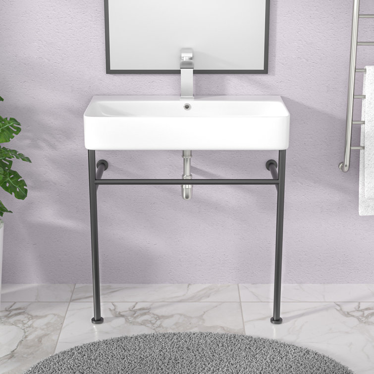32"L*17"W White Ceramic Rectangular Single Faucet Hole Console Bathroom Sink with Overflow