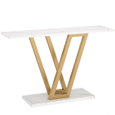 44” Modern Gold Console Table With Faux Marble Top, Narrow Entryway Table With V-Leg Metal Frame, Slim Sofa Table For Hallway, Living Room Or Foyer, White & Gold