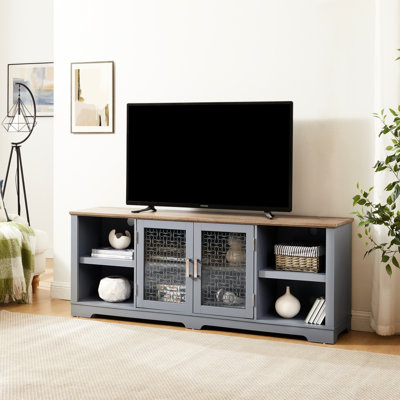 Console de 80 po avec tablettes ouvertes et armoires à portes en verre, chêne bleu, l 70 po x P 15,13 po H 26,93 po, support de meuble de divertissement à domicile élégant, rangement réglable