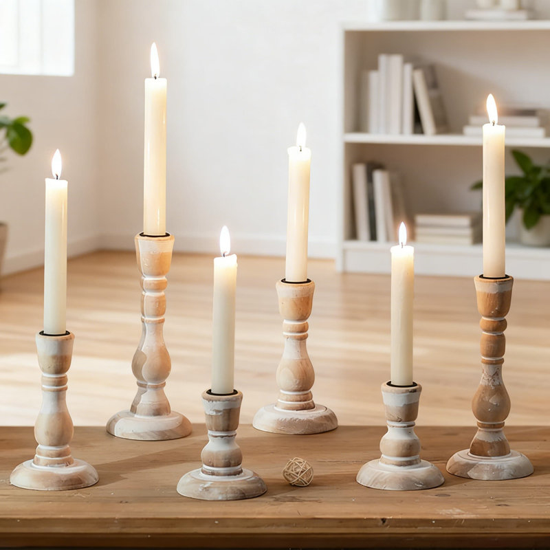 Rustic Wooden Taper Candlestick Holders Set Of 6 With Metal Safety Cups For Farmhouse Boho Home Decor And Wedding Centerpieces