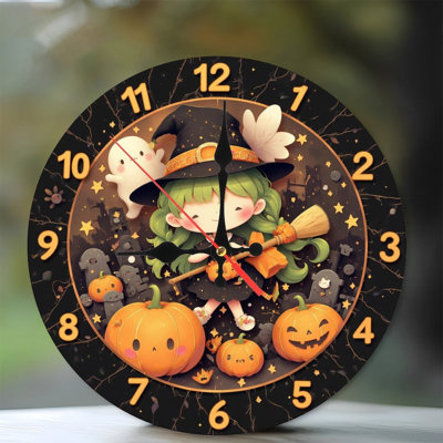 Witch Girl Holds Pumpkin Near Halloween Clock