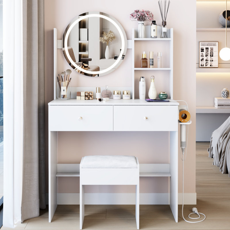 Table de coiffeuse à miroir rond de 17 po à DEL, luminosité réglable en 3 couleurs, interrupteur tactile, 2 prises AC + 1 de type C intégrées, grand miroir, rangement de grande capacité, style américain, coiffeuse blanche avec