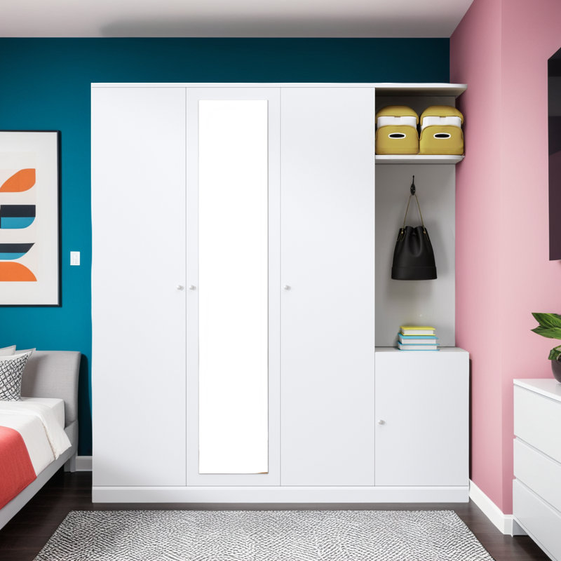 Armoire penderie 4 portes avec tringles suspendues, armoire à chaussures, miroir et tiroir, Blanc