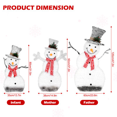 3-Pack Flocked Iron Lighted Snowman Decor Set (Family Style) - Outdoor/Indoor Christmas Holiday Ornaments